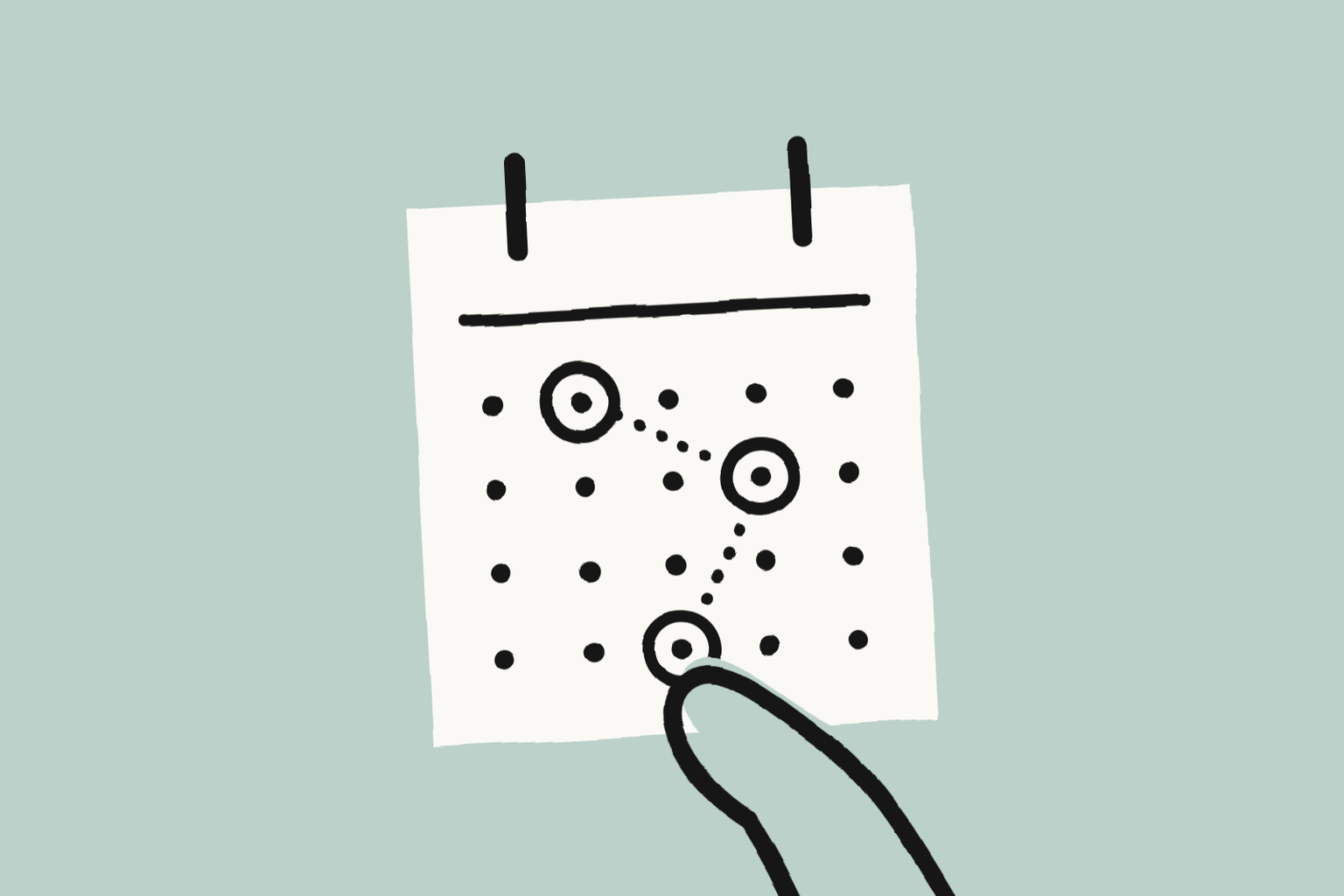 Illustration of a calendar page with three days circled and joined by a dotted line, with a finger on the last one.