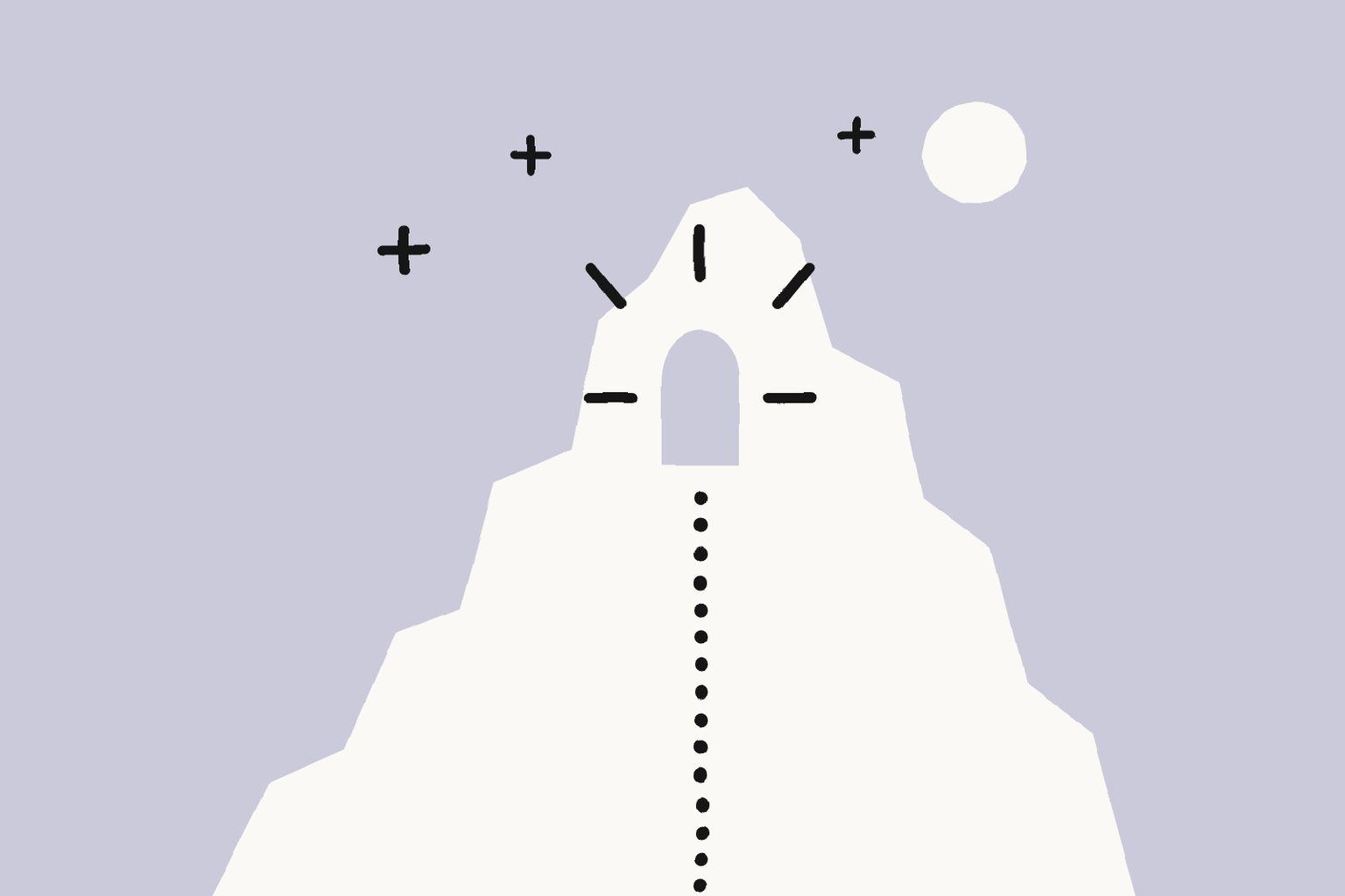 Ilustración de una montaña de noche con una puerta iluminada cerca de la cima, una larga escalera hasta ella y la luna