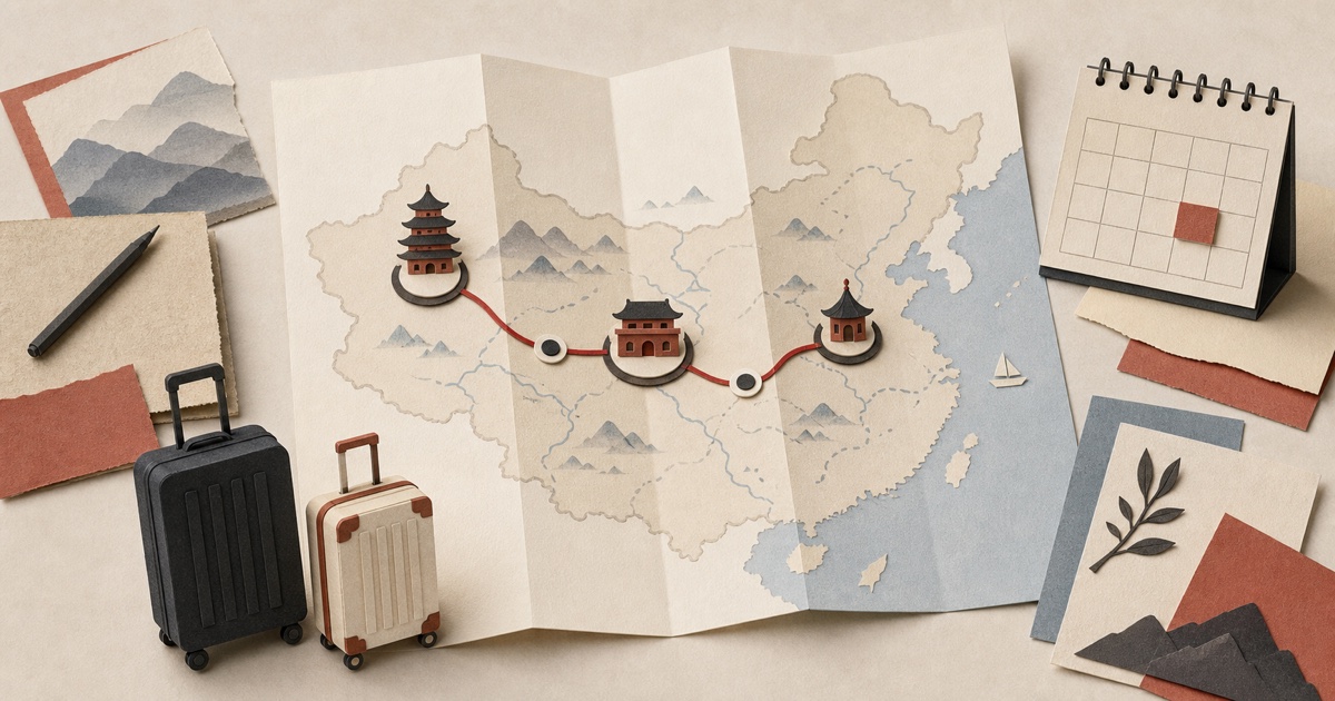 A cut-paper illustration of a China map with three route markers, luggage and a calendar.