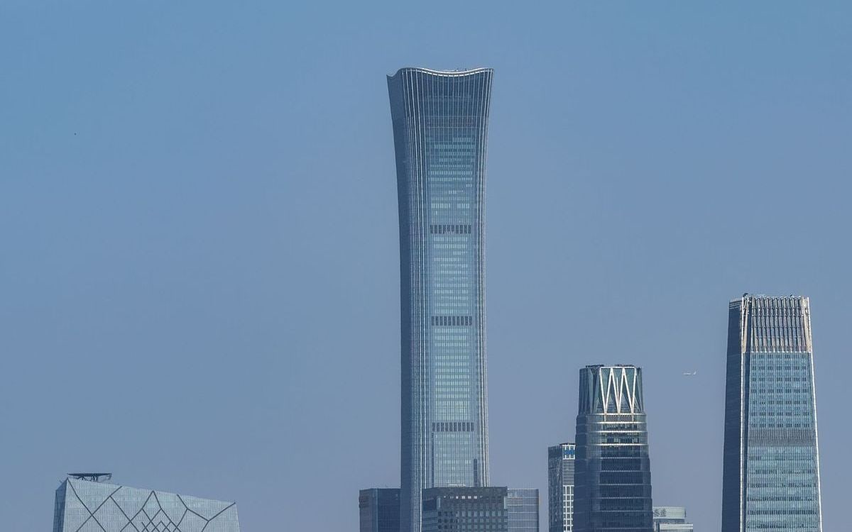 Beijing’s contemporary skyline, including the China Zun tower, seen in clear daylight.