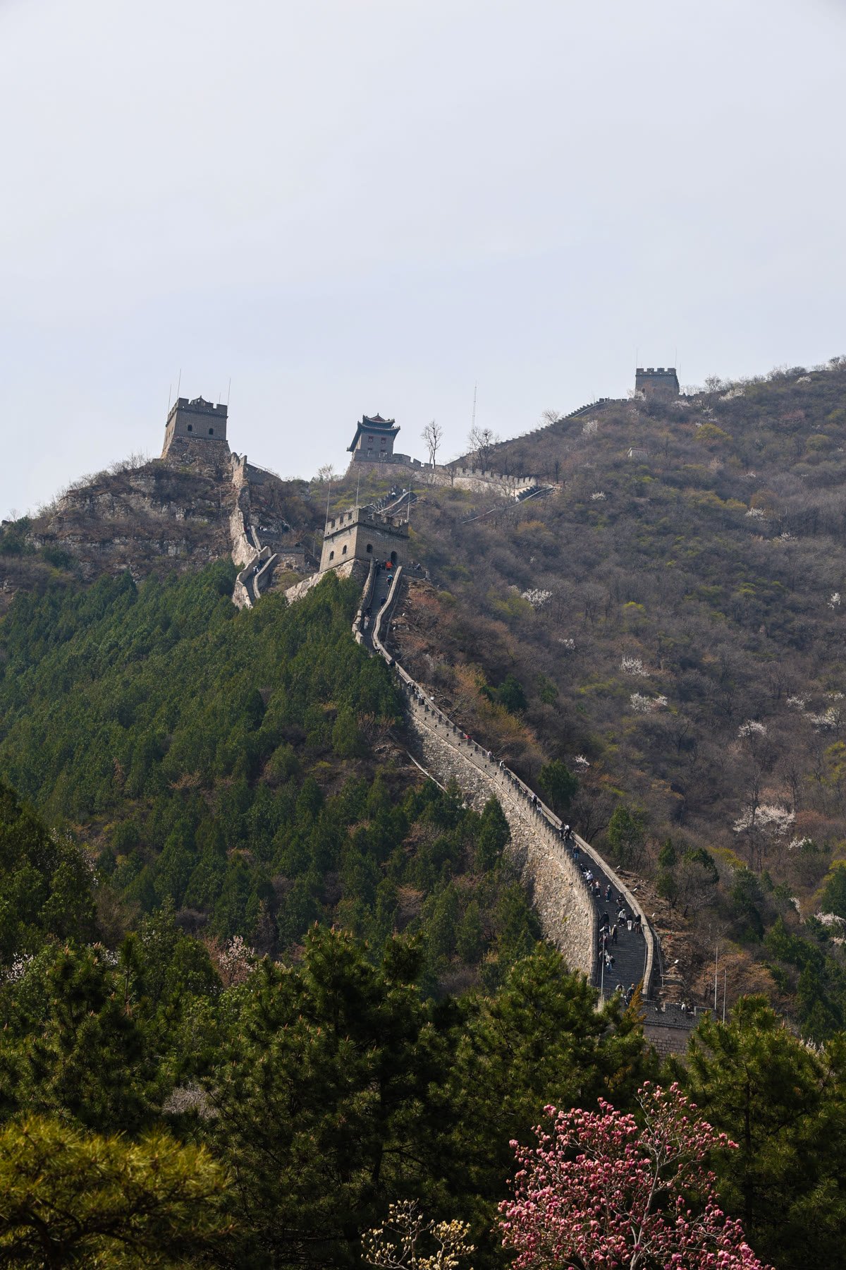 The Great Wall crossing a mountain ridge near Beijing in spring.
