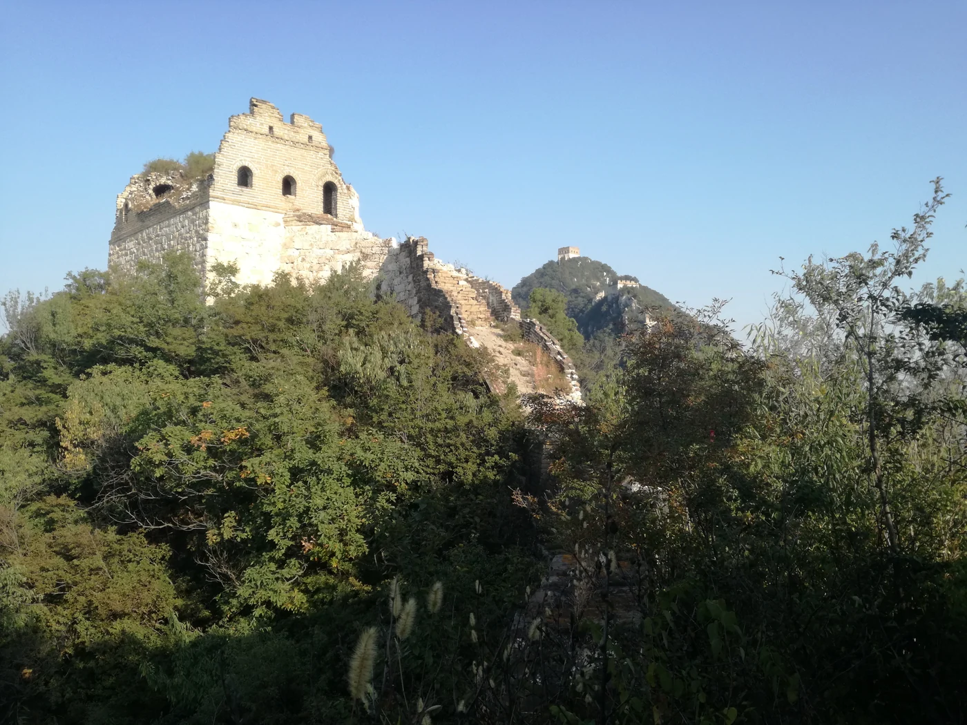 A damaged tower and descending wall amid vegetation at Jiankou Great Wall in 2017