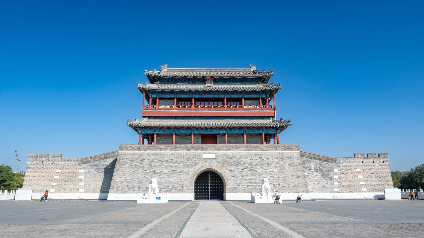 Front view of the reconstructed Yongdingmen gate tower under a blue sky in October 2024