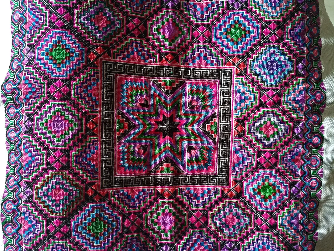 A close view of a Sani embroidery textile photographed in Shilin County.