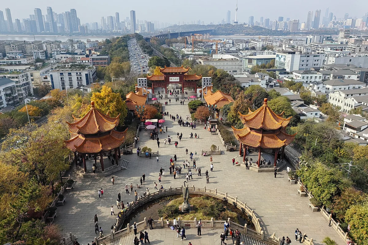 The Wuhan Yangtze River Bridge and city seen from Yellow Crane Tower