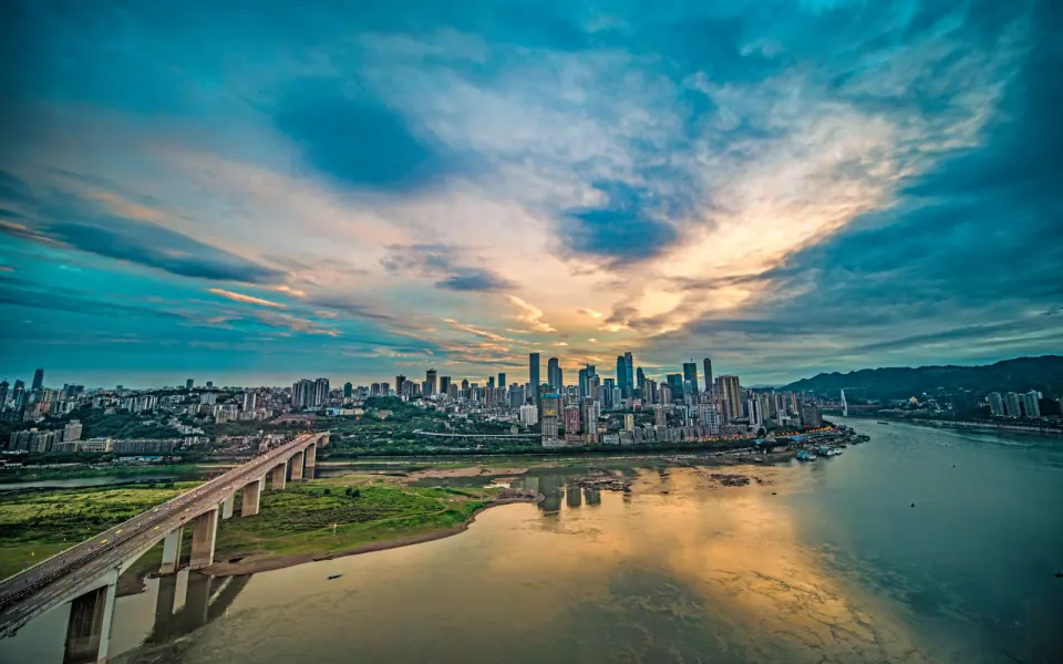 Chongqing skyline across the river at sunset