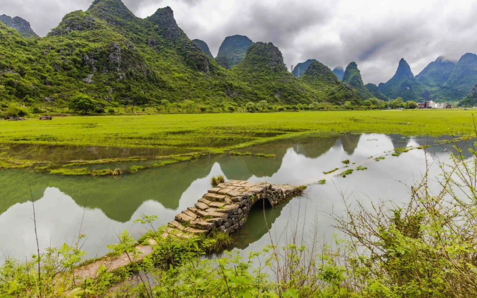 Colinas kársticas y campos verdes en el entorno rural de Yangshuo