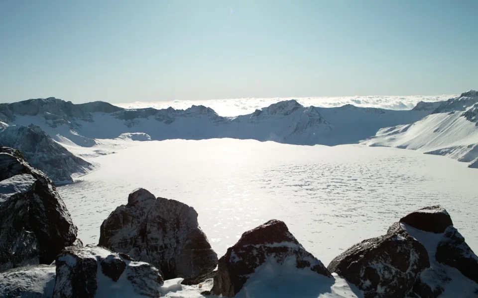 Snow around Heaven Lake on Changbai Mountain