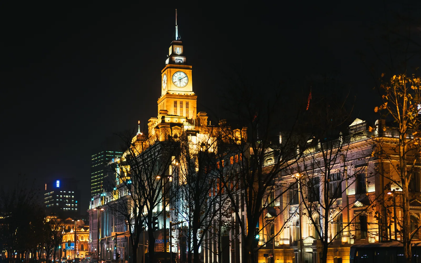 Historic buildings on the Bund at night