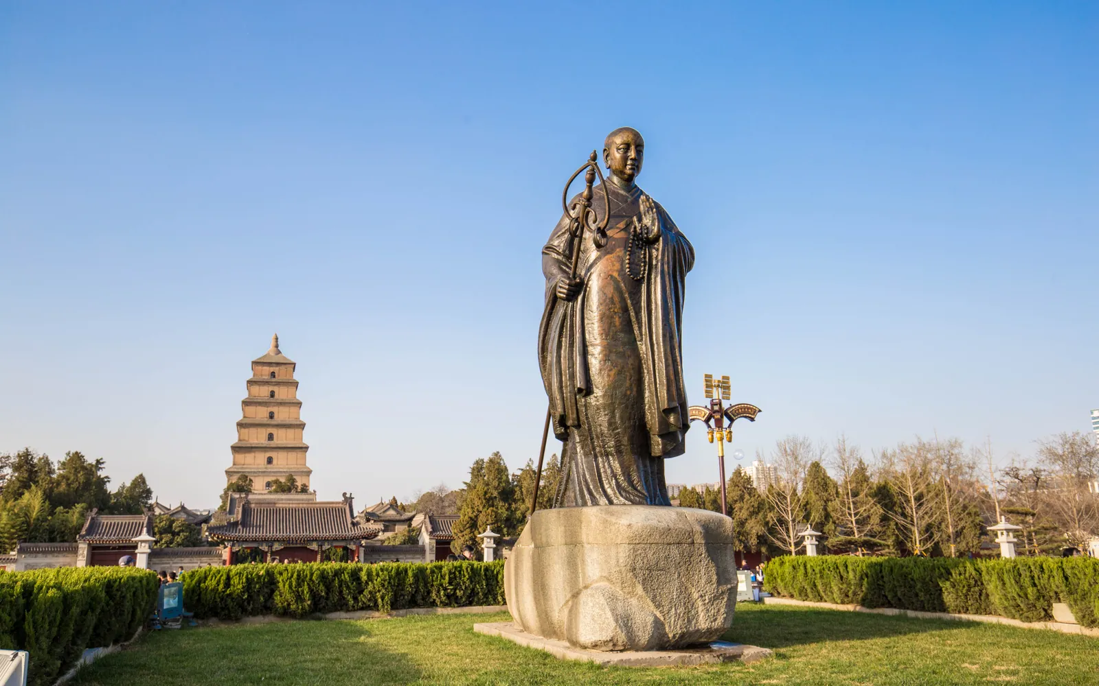Statue of the monk Xuanzang outside the Big Wild Goose Pagoda