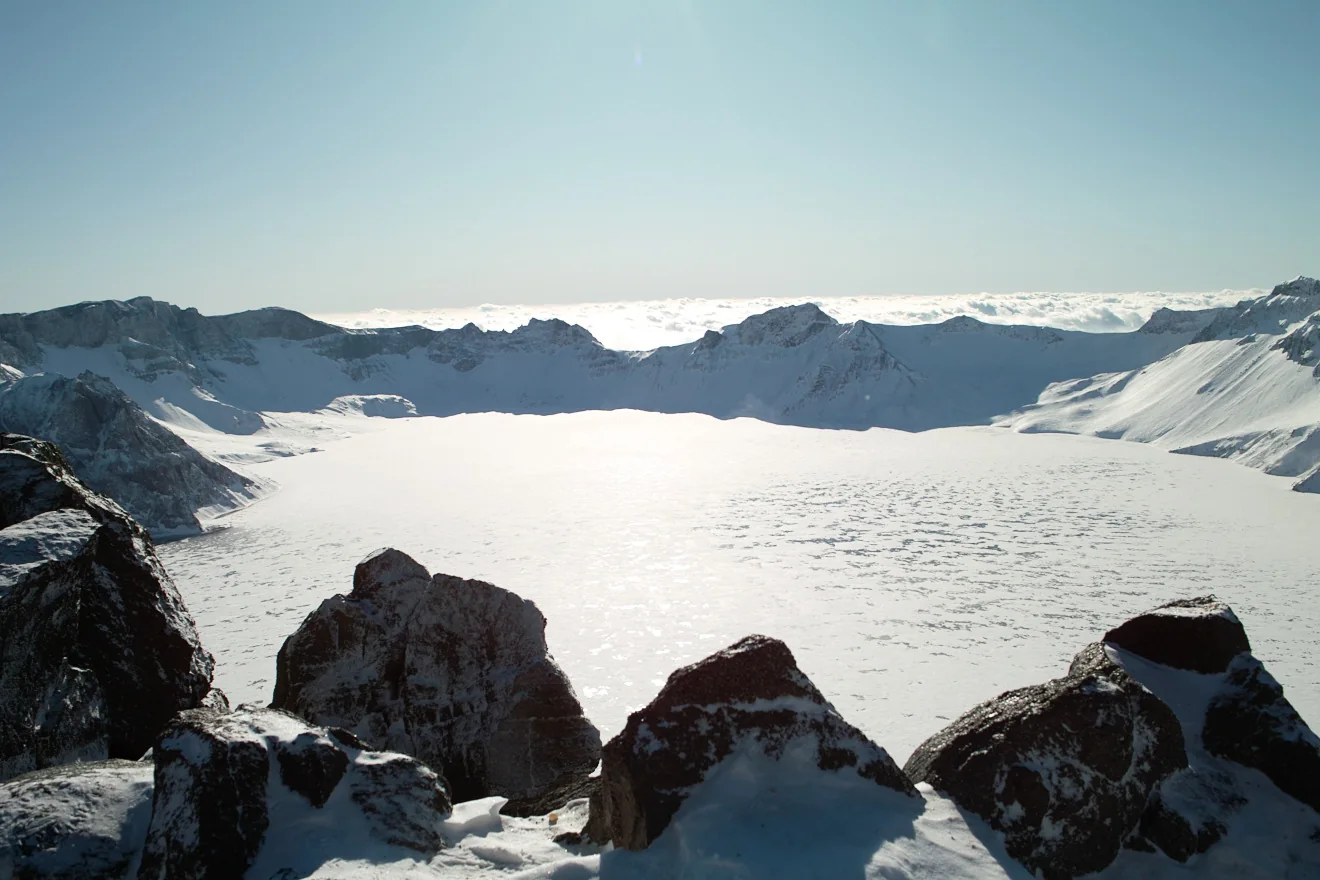 Frozen Heaven Lake on Changbai Mountain in winter