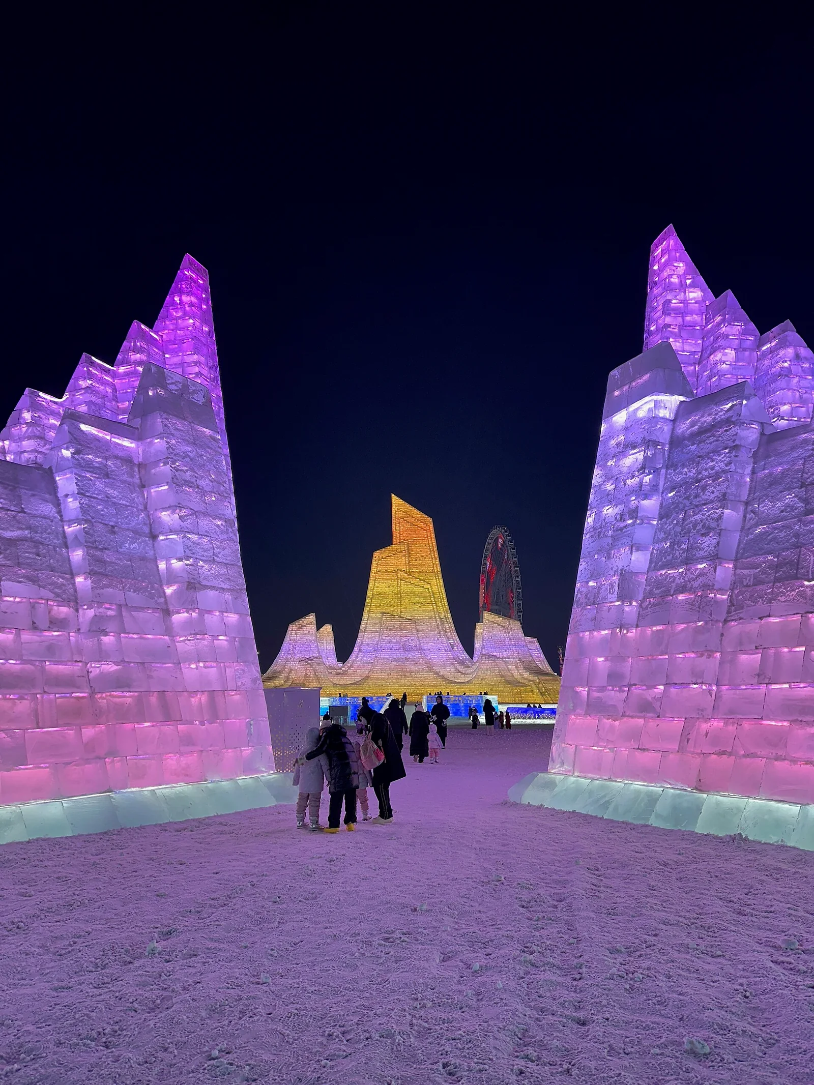 Purple-lit ice structures at Harbin Ice and Snow World