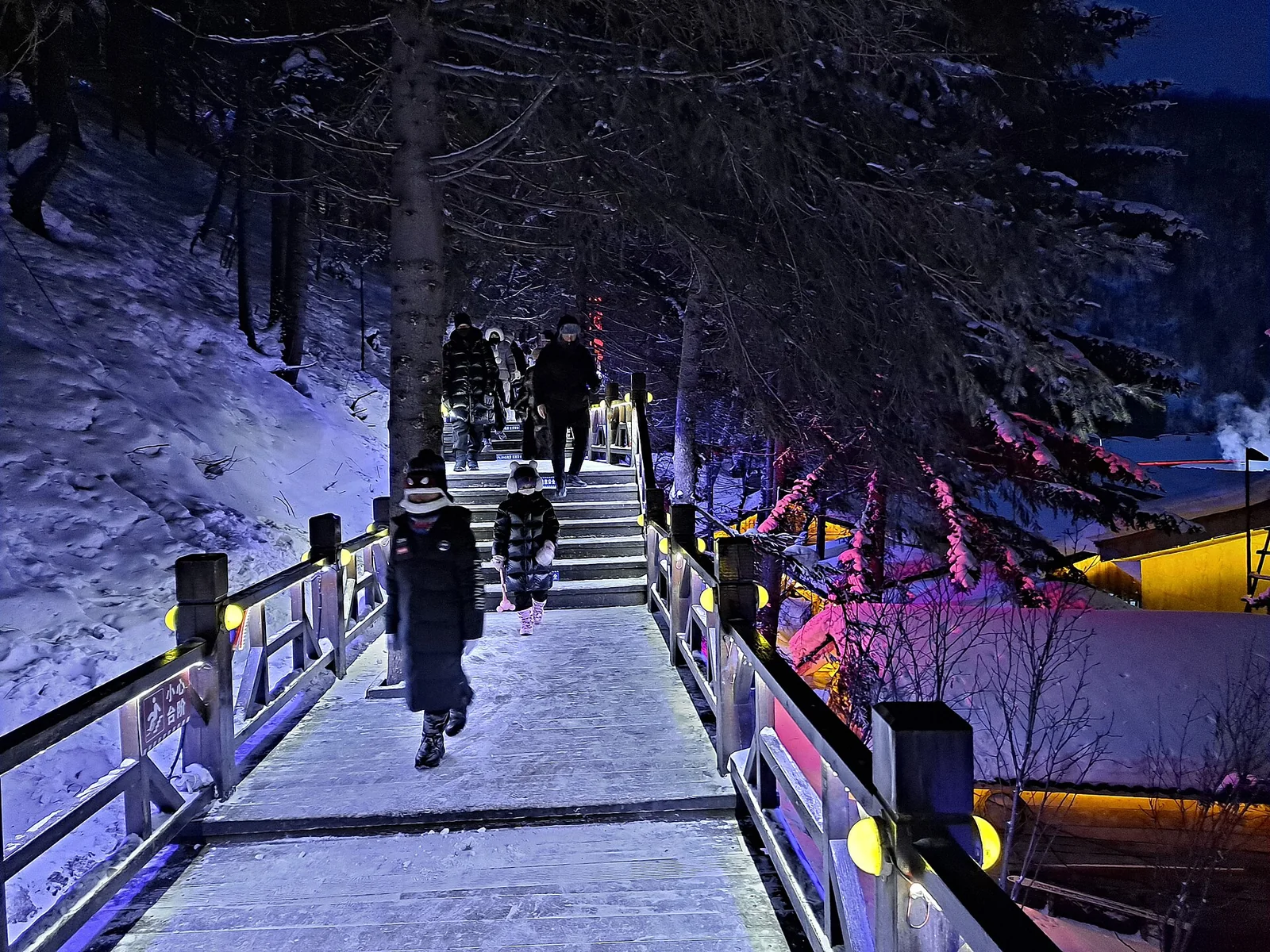 Visitors walking a snowy forest path in China Snow Town